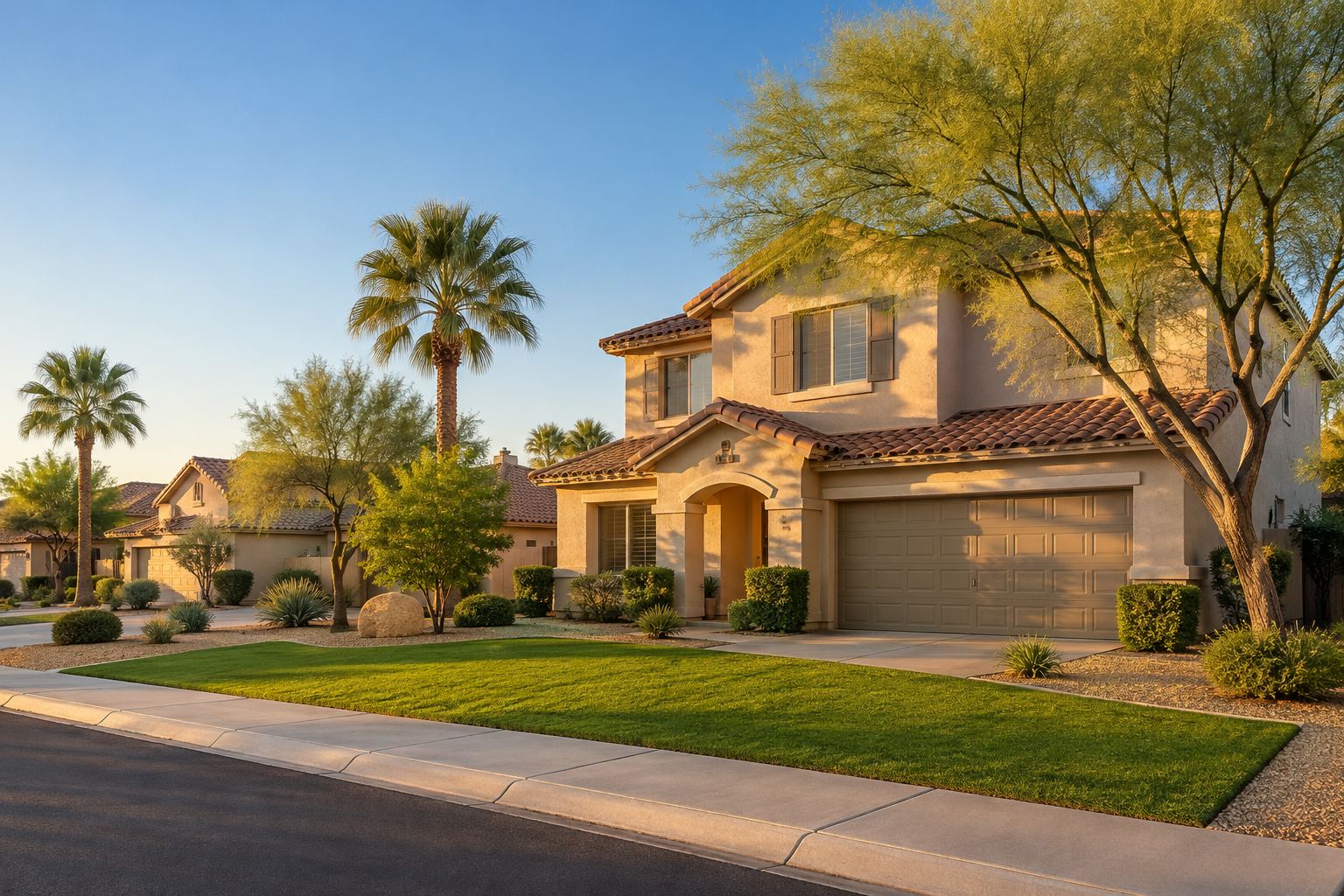 A brick East Valley home with a tree lined yard, illustrative