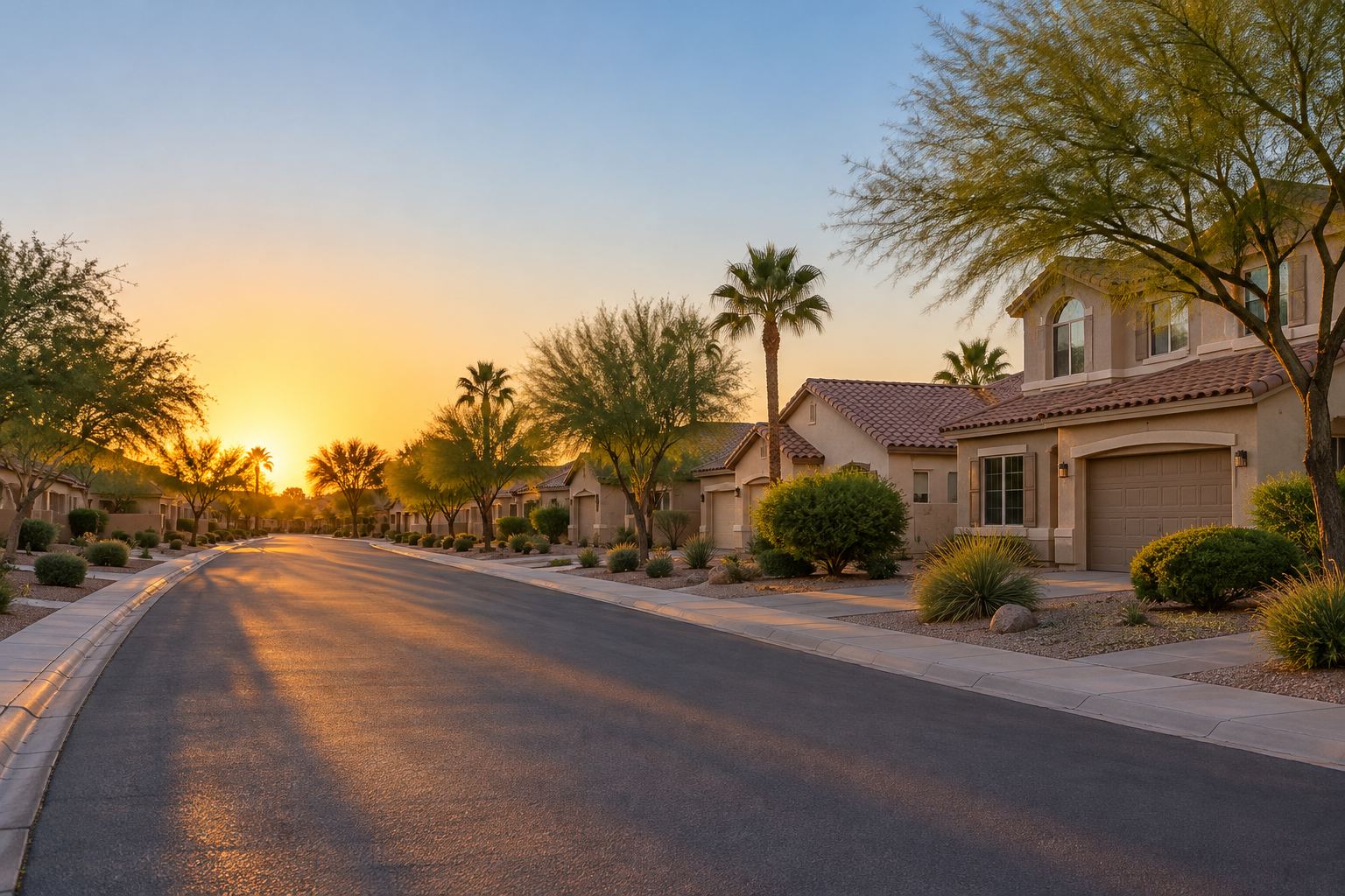 A Gilbert residential street at sunset, illustrative