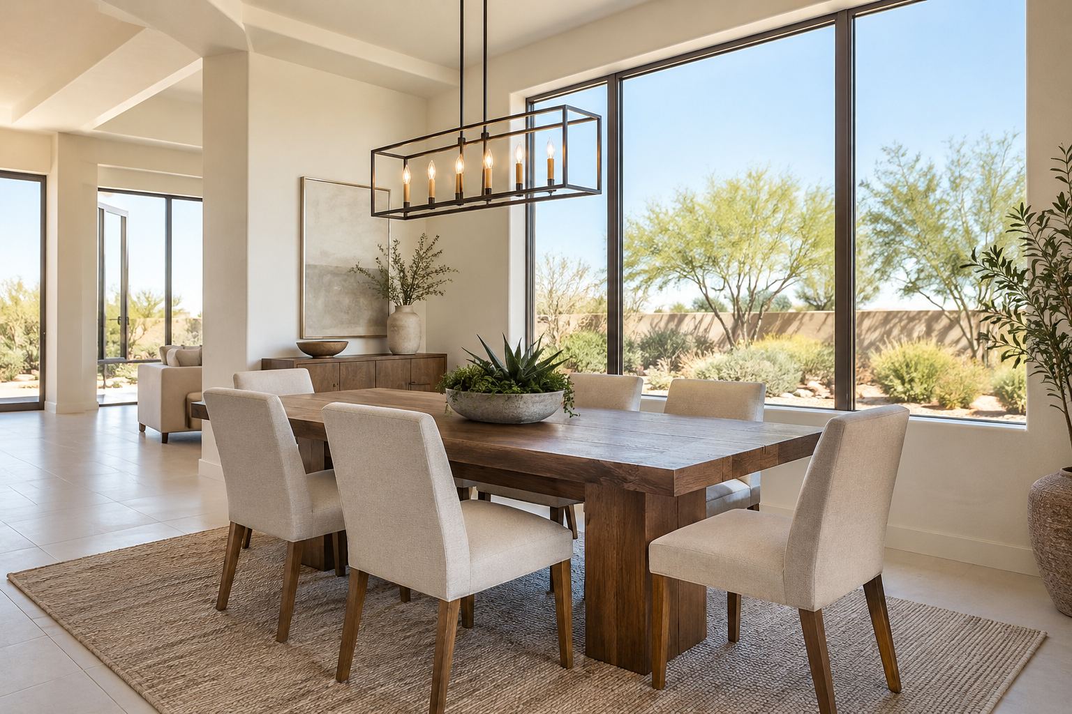 A bright dining room, illustrative
